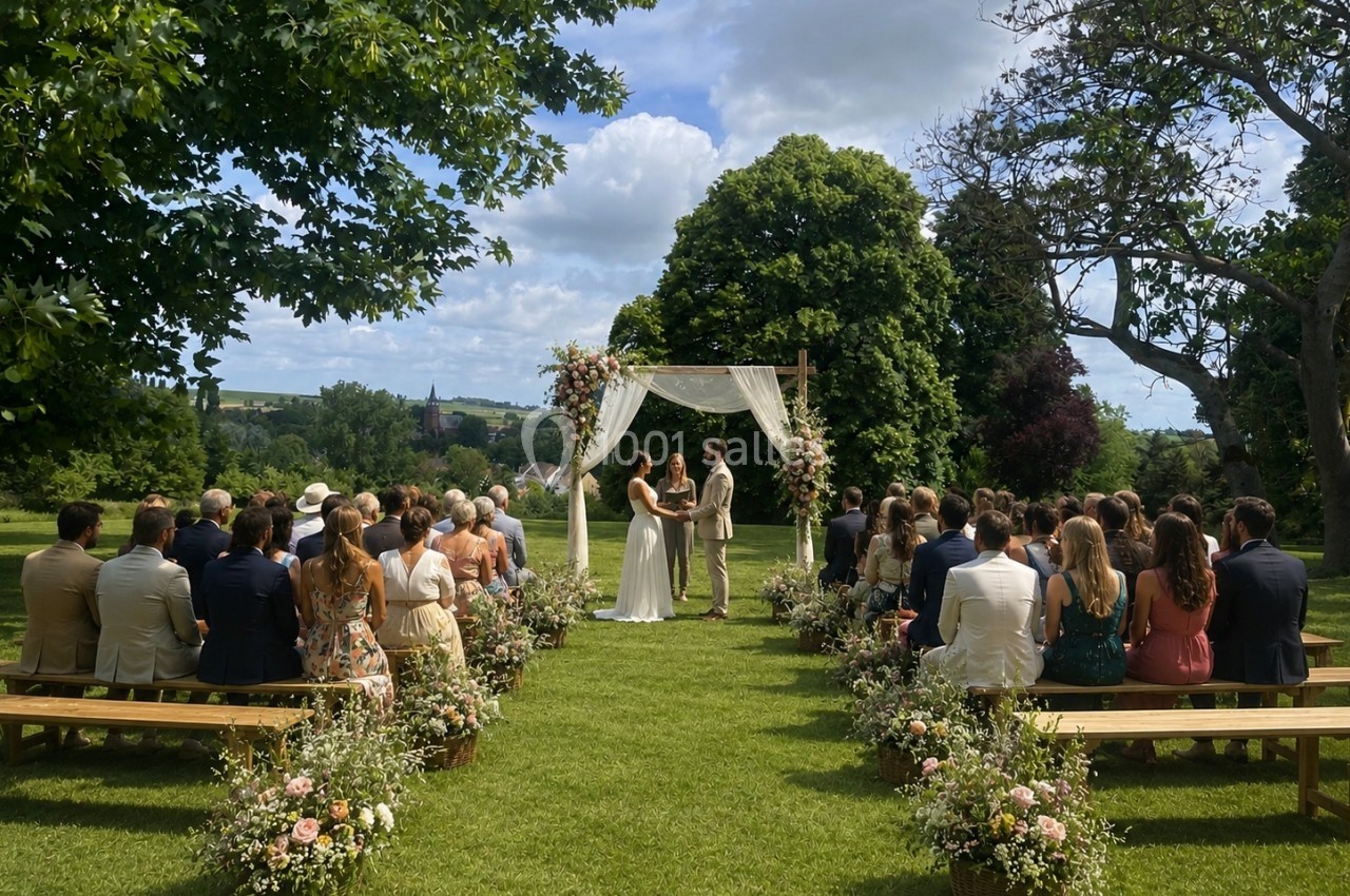 Cérémonie de mariage en plein air avec un couple sous une arche fleurie, entouré d'invités assis sur des bancs.