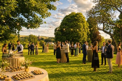 Un couple échange ses vœux sous une arche fleurie lors d'une cérémonie de mariage en plein air, entouré d'invités.