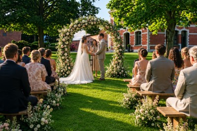 Un couple échange ses vœux sous une arche fleurie lors d'une cérémonie de mariage en plein air, entouré d'invités.