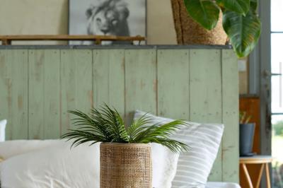 Tentes blanches installées dans une prairie verdoyante entourée d'arbres sous un ciel bleu clair.