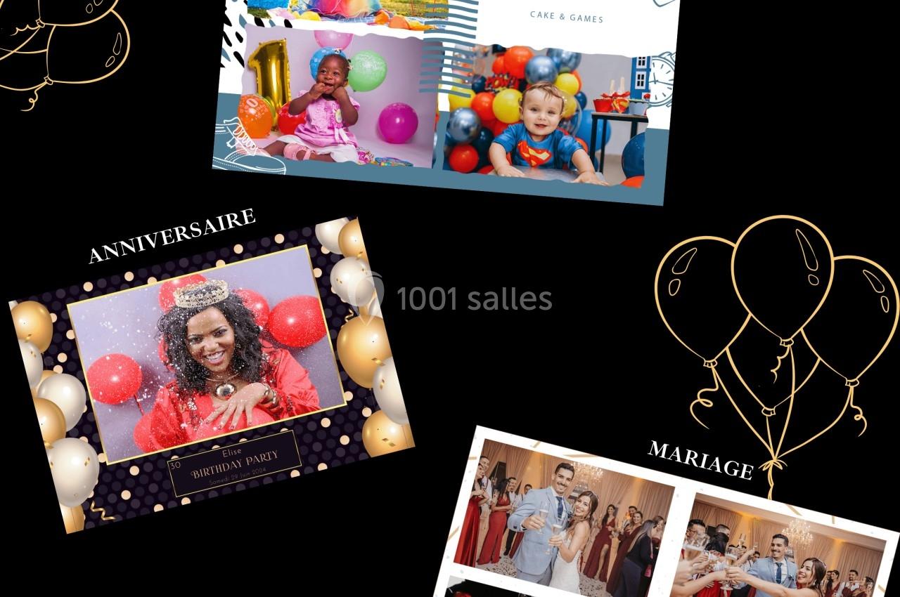 Montage de cadres photo personnalisés pour différents thèmes : naissance, anniversaire et mariage, sur fond noir décoré de…