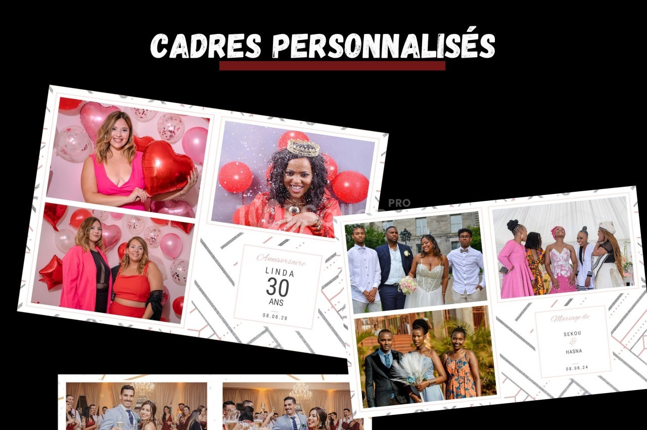 Montage de cadres photo personnalisés avec des images de célébrations, incluant anniversaires et mariages.