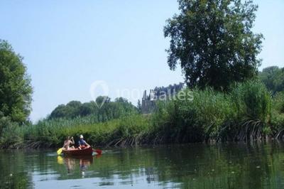Allée bordée de sacs blancs menant à une tente blanche dans un parc verdoyant par temps ensoleillé.