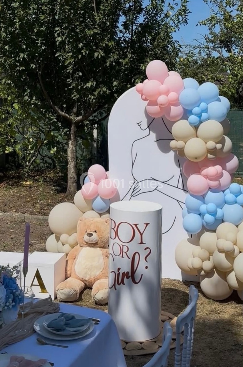 Décoration de baby shower en extérieur avec ballons roses et bleus, ours en peluche et panneau ’Boy or Girl ?’.