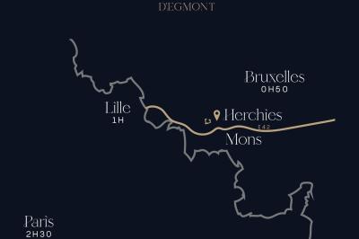 Carte indiquant la localisation d'Herchies et sa proximité avec Paris, Lille, Mons et Bruxelles, avec les temps de trajet.