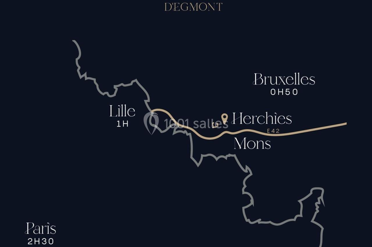 Carte indiquant la localisation d'Herchies et sa proximité avec Paris, Lille, Mons et Bruxelles, avec les temps de trajet.