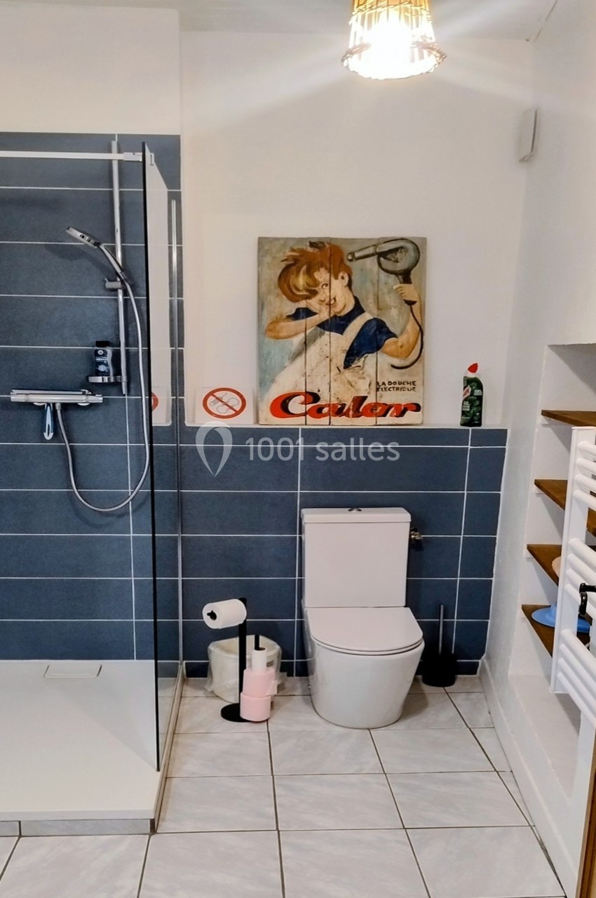 Salle de bain avec douche, toilettes, étagères murales et affiche décorative au-dessus du WC.