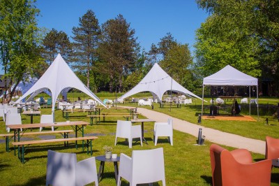 Lit avec des draps blancs, serviettes pliées au premier plan et mur décoré de branches et papillons colorés.