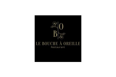 Logo du restaurant ’Le Bouche à Oreille’ avec des motifs floraux dorés sur fond noir.