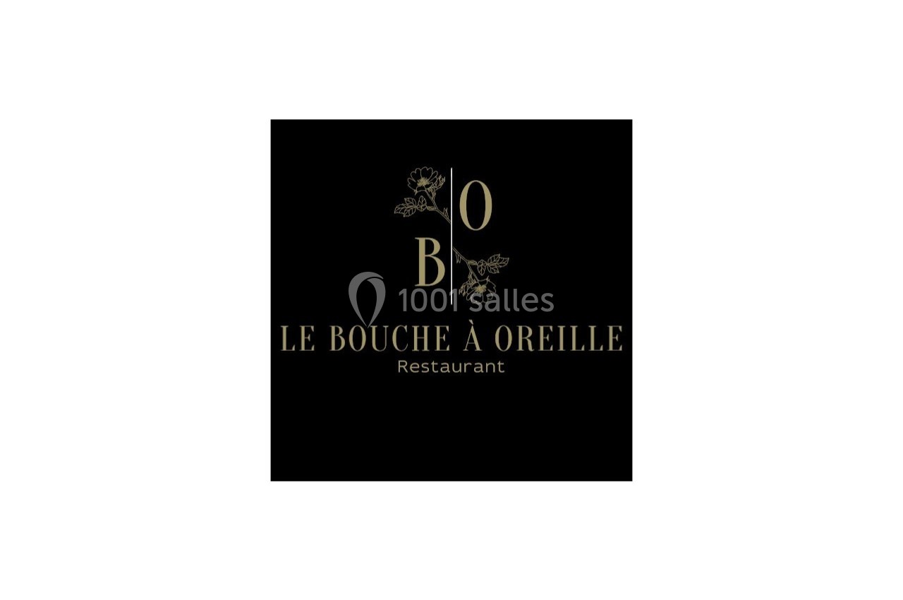 Logo du restaurant ’Le Bouche à Oreille’ avec des motifs floraux dorés sur fond noir.