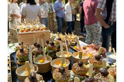 Miniature Buffet d'anniversaire - La Clairière d'Arluc Buffet en plein air avec des amuse-bouches variés, des planches de charcuterie et des fromages sur des tables en bois.