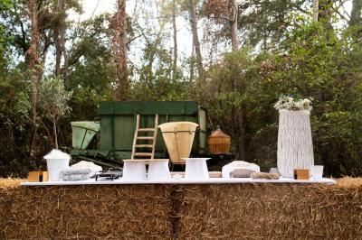 Miniature Buffet - La Clairière d'Arluc Buffet en plein air avec des amuse-bouches variés, des planches de charcuterie et des fromages sur des tables en bois.