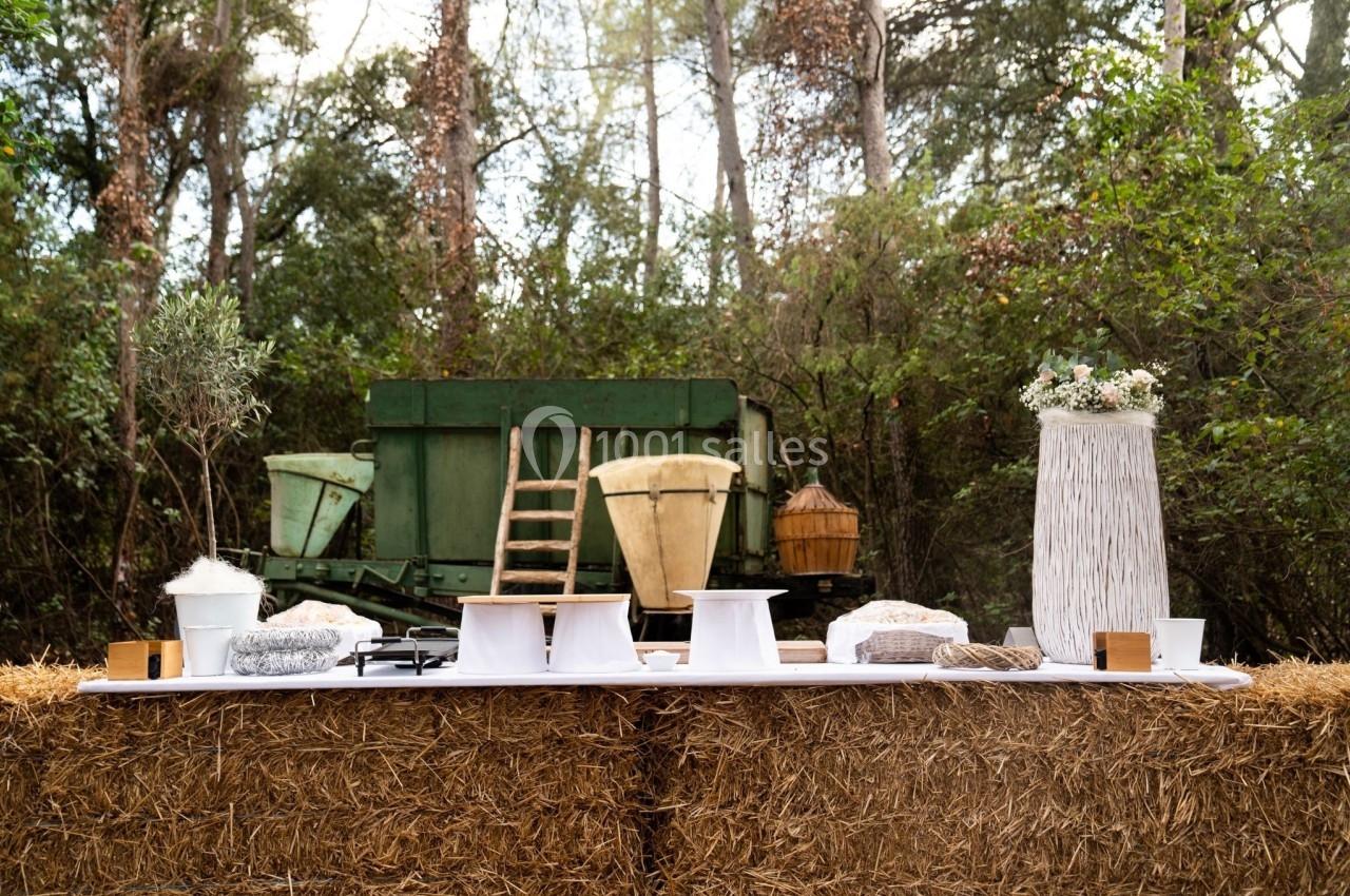 Table décorée avec des éléments naturels et rustiques devant une ancienne machine agricole dans un cadre boisé.