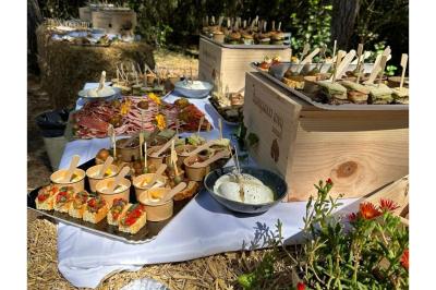 Miniature Buffet traiteur - La Clairière d'Arluc Buffet en plein air avec des amuse-bouches variés, des planches de charcuterie et des fromages sur des tables en bois.