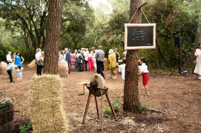Miniature Cocktail dinatoire - La Clairière d'Arluc Buffet en plein air avec des amuse-bouches variés, des planches de charcuterie et des fromages sur des tables en bois.
