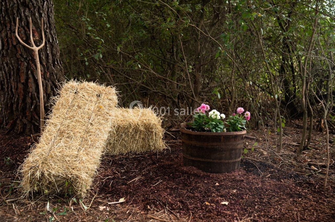 Deux bottes de paille empilées près d'un tonneau en bois contenant des fleurs, dans un environnement forestier.