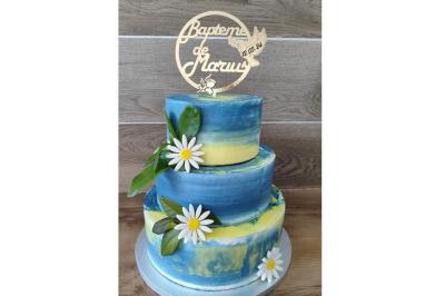 Miniature Gâteau de Baptême - La Clairière d'Arluc Buffet en plein air avec des amuse-bouches variés, des planches de charcuterie et des fromages sur des tables en bois.