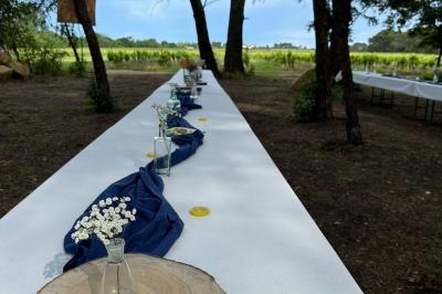 Miniature Table - La Clairière d'Arluc Buffet en plein air avec des amuse-bouches variés, des planches de charcuterie et des fromages sur des tables en bois.