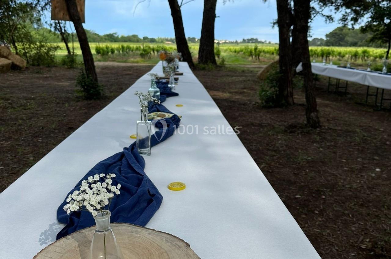 Grande table extérieure décorée de nappes blanches, rondins de bois, fleurs et tissu bleu, entourée d'arbres.