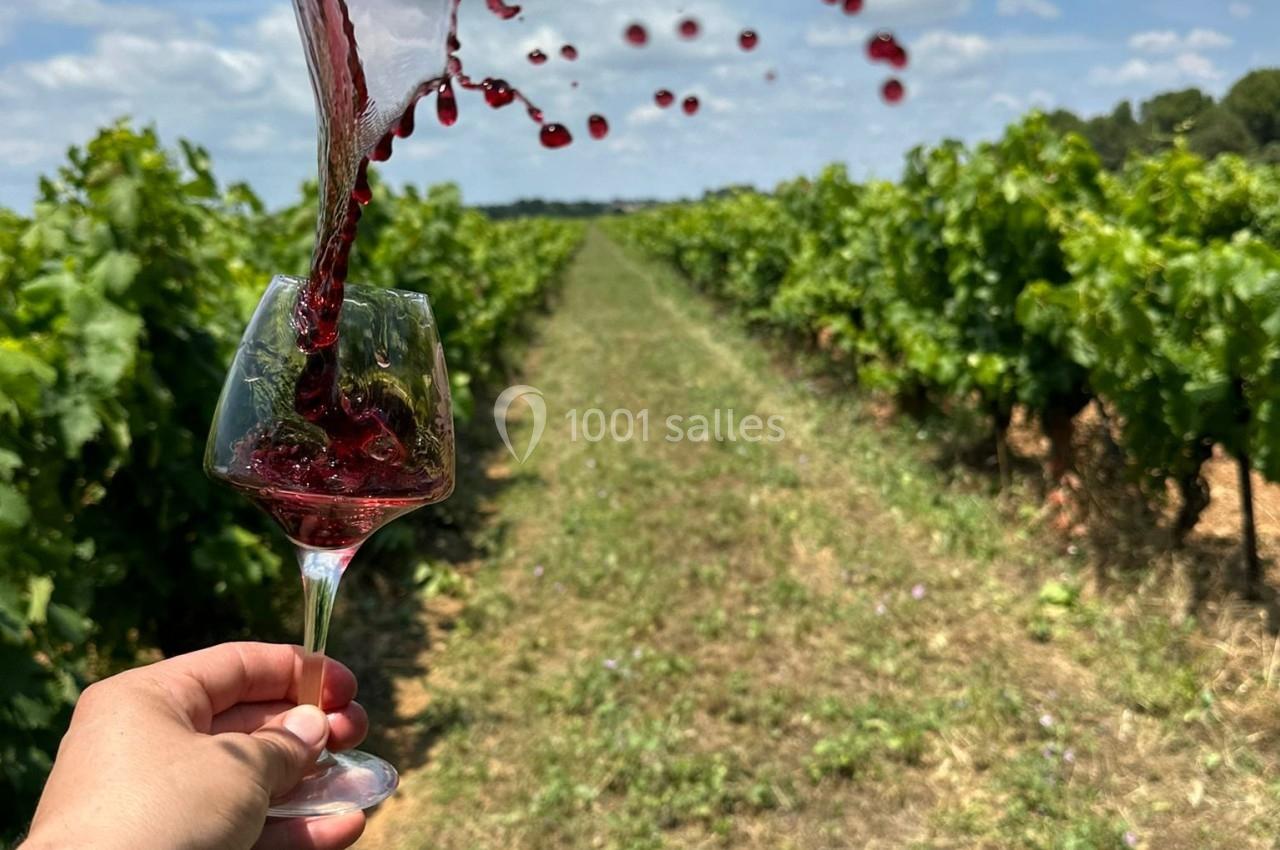 Un verre de vin rouge renversé dans un vignoble sous un ciel partiellement nuageux.