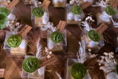 Buffet varié avec fleurs décoratives, comprenant amuse-bouches, desserts et boissons, présenté sur une longue table.