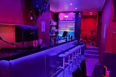 Miniature Location salle Bruxelles (Bruxelles-Capitale) - Karaoke Bar Sablon #2 Scène de karaoké dans un bar avec éclairage rose et rouge, micro illustré sur un panneau mural.