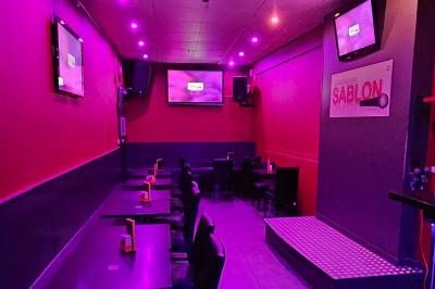 Miniature Location salle Bruxelles (Bruxelles-Capitale) - Karaoke Bar Sablon #6 Scène de karaoké dans un bar avec éclairage rose et rouge, micro illustré sur un panneau mural.