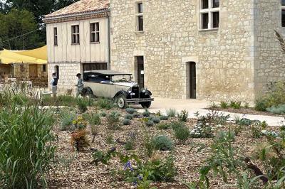 Chambre avec lit double, murs en pierre, poutres apparentes et éclairage doux, décorée de motifs muraux naturels.