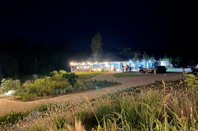 Chambre avec lit double, murs en pierre, poutres apparentes et éclairage doux, décorée de motifs muraux naturels.
