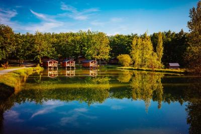 Table en bois décorée de fleurs, bougies et assiettes, installée en extérieur près d'un étang entouré d'arbres.