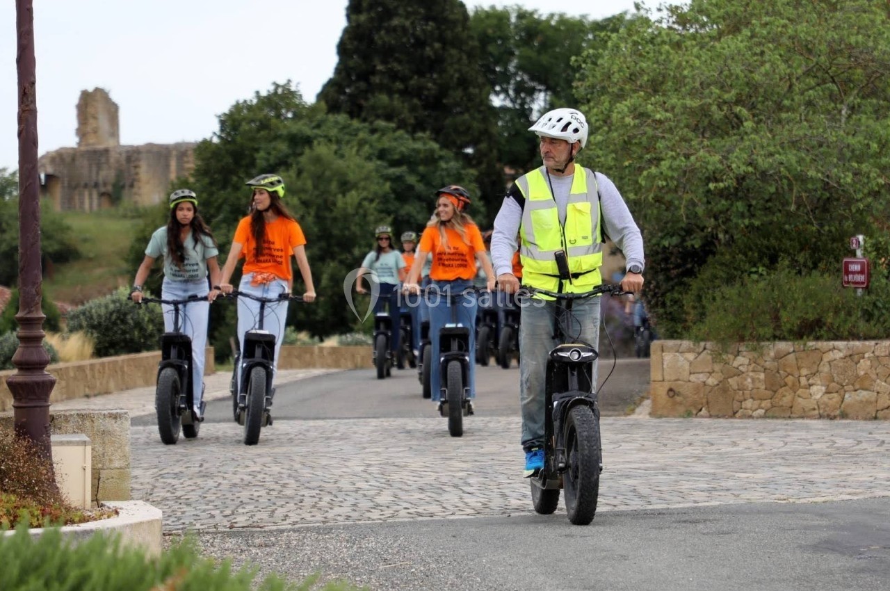 Un groupe de personnes portant des casques roule sur des trottinettes électriques dans un cadre verdoyant.