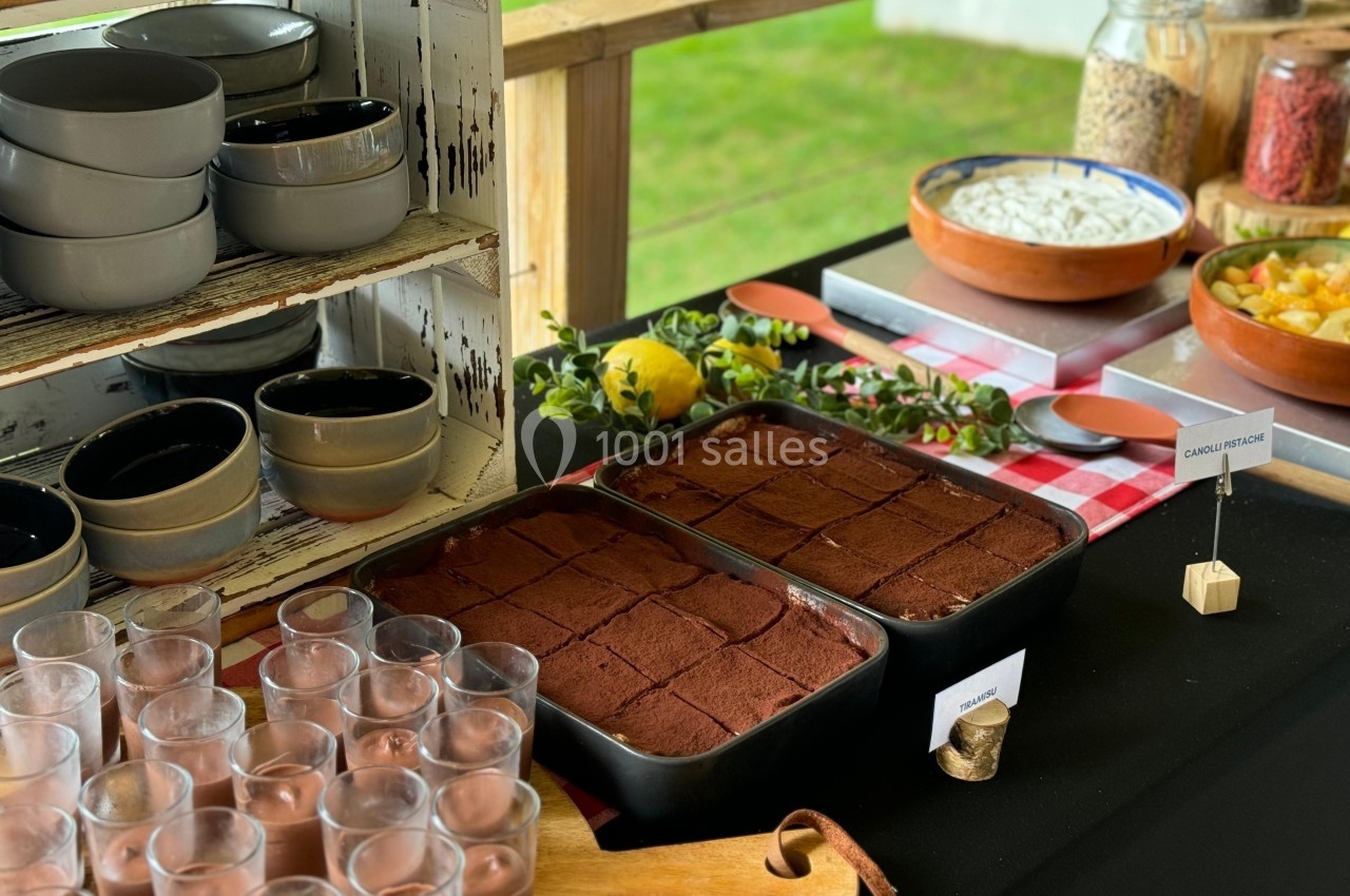 Table avec desserts variés, dont tiramisu en plat, verrines chocolatées et fruits, sur fond de verdure.