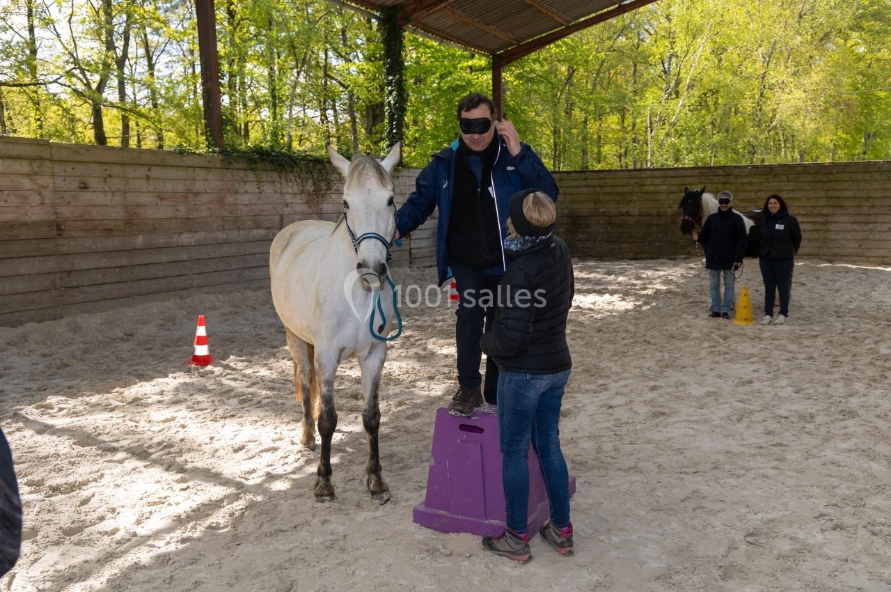 Un homme, les yeux bandés, touche un cheval blanc dans un manège, accompagné par une femme et observé par d'autres personnes.