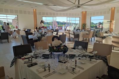 Un groupe de personnes échange autour d'un buffet en plein air, avec des serveurs et un paysage de vignoble en arrière-plan.