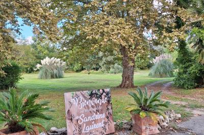 Chambre lumineuse avec lit double, fauteuil en bois, baignoire blanche et grande fenêtre donnant sur l'extérieur.