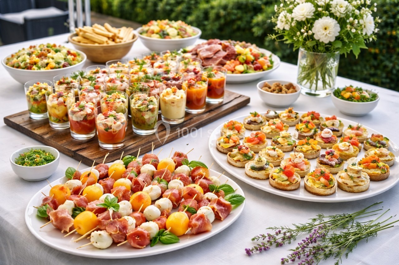 Buffet de hors-d'œuvre variés comprenant brochettes, verrines, toasts et salades, disposé sur une table blanche.