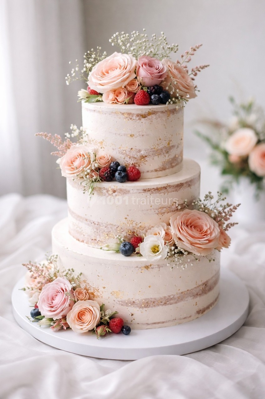 Gâteau de mariage à trois étages décoré de fleurs roses, de baies et de touches de gypsophile.