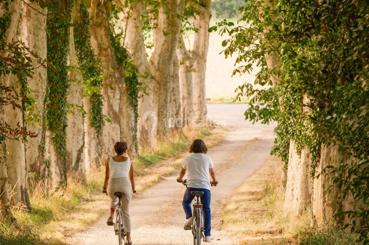 Deux personnes font du vélo sur un chemin bordé d'arbres en pleine nature.