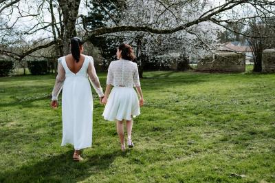 Jardin verdoyant avec fleurs sauvages, arbres et arbustes, entouré d'une clôture en bois sous un ciel dégagé.