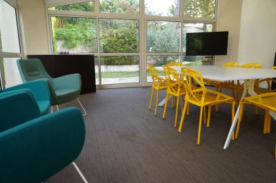 Mur en pierre orné d'une mosaïque colorée représentant un motif circulaire, entouré de végétation.