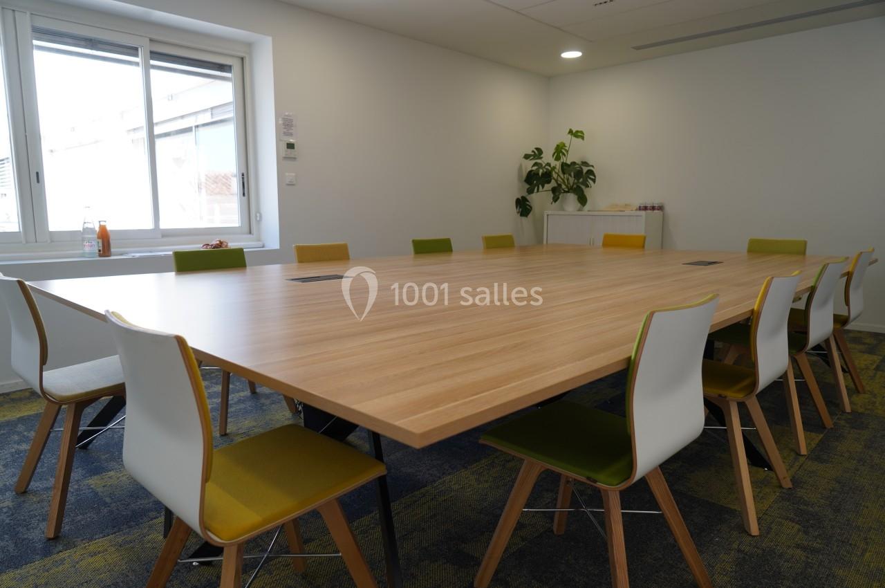 Salle de réunion lumineuse avec une grande table en bois entourée de chaises colorées et une plante en arrière-plan.