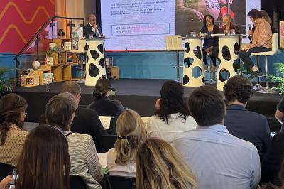 Mur en pierre orné d'une mosaïque colorée représentant un motif circulaire, entouré de végétation.