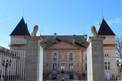 Décor de cérémonie en extérieur avec arche en bois, voilages blancs et verts, fleurs et chaises en bois.