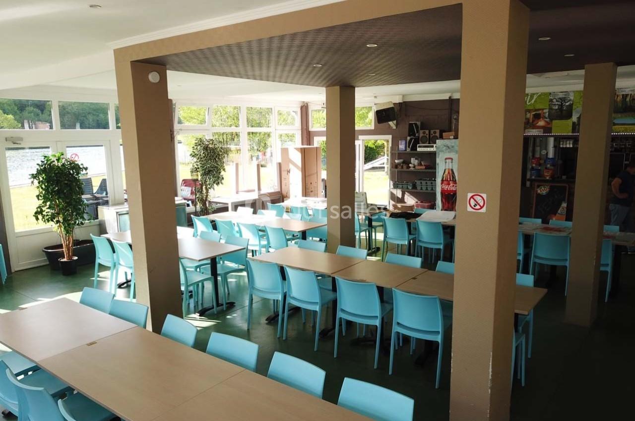 Salle lumineuse avec des tables en bois clair et des chaises bleues, entourée de grandes fenêtres et de plantes vertes.