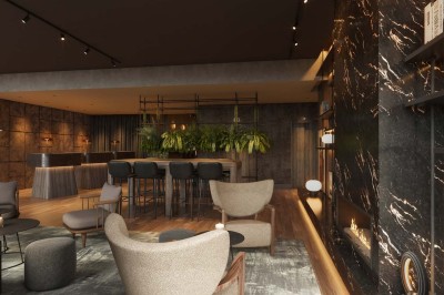 Salle de bain moderne avec lavabo suspendu, douche vitrée, toilettes et murs ornés de motifs en relief.