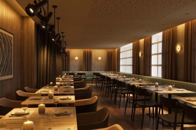 Salle de bain moderne avec lavabo suspendu, douche vitrée, toilettes et murs ornés de motifs en relief.