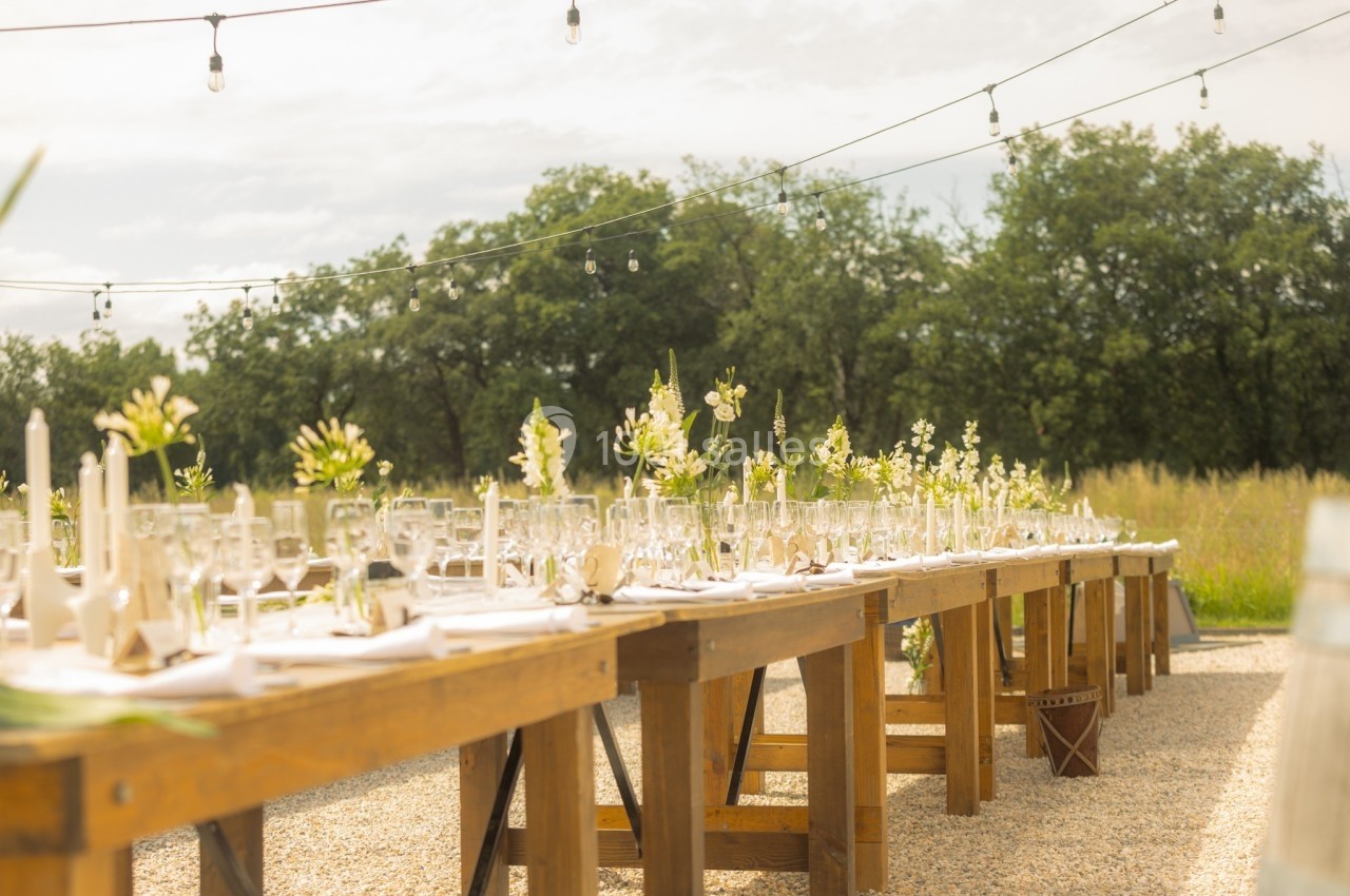 Tables en bois décorées de fleurs blanches et de vaisselle, disposées en extérieur sous des guirlandes lumineuses.
