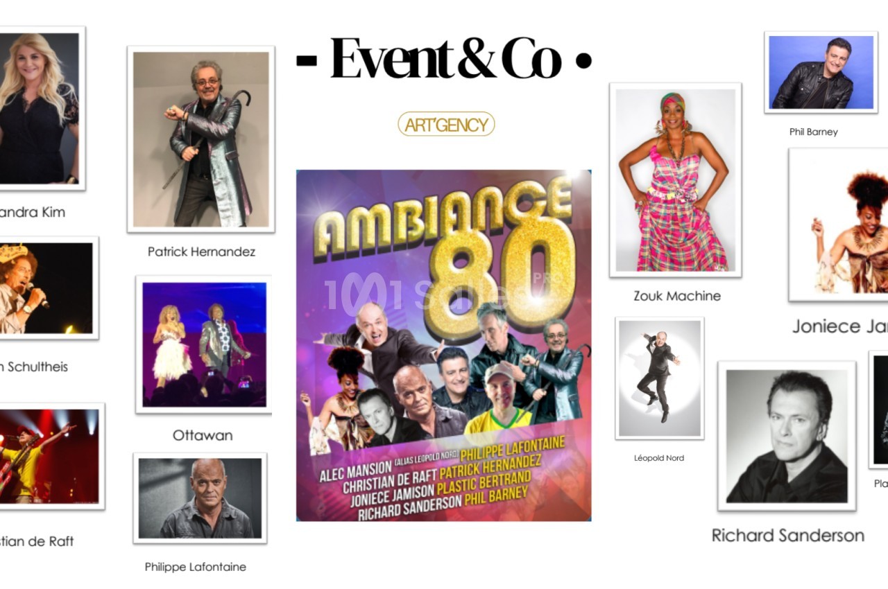 Montage présentant des artistes des années 80 avec leurs photos entourant une affiche centrale d'un événement musical.
