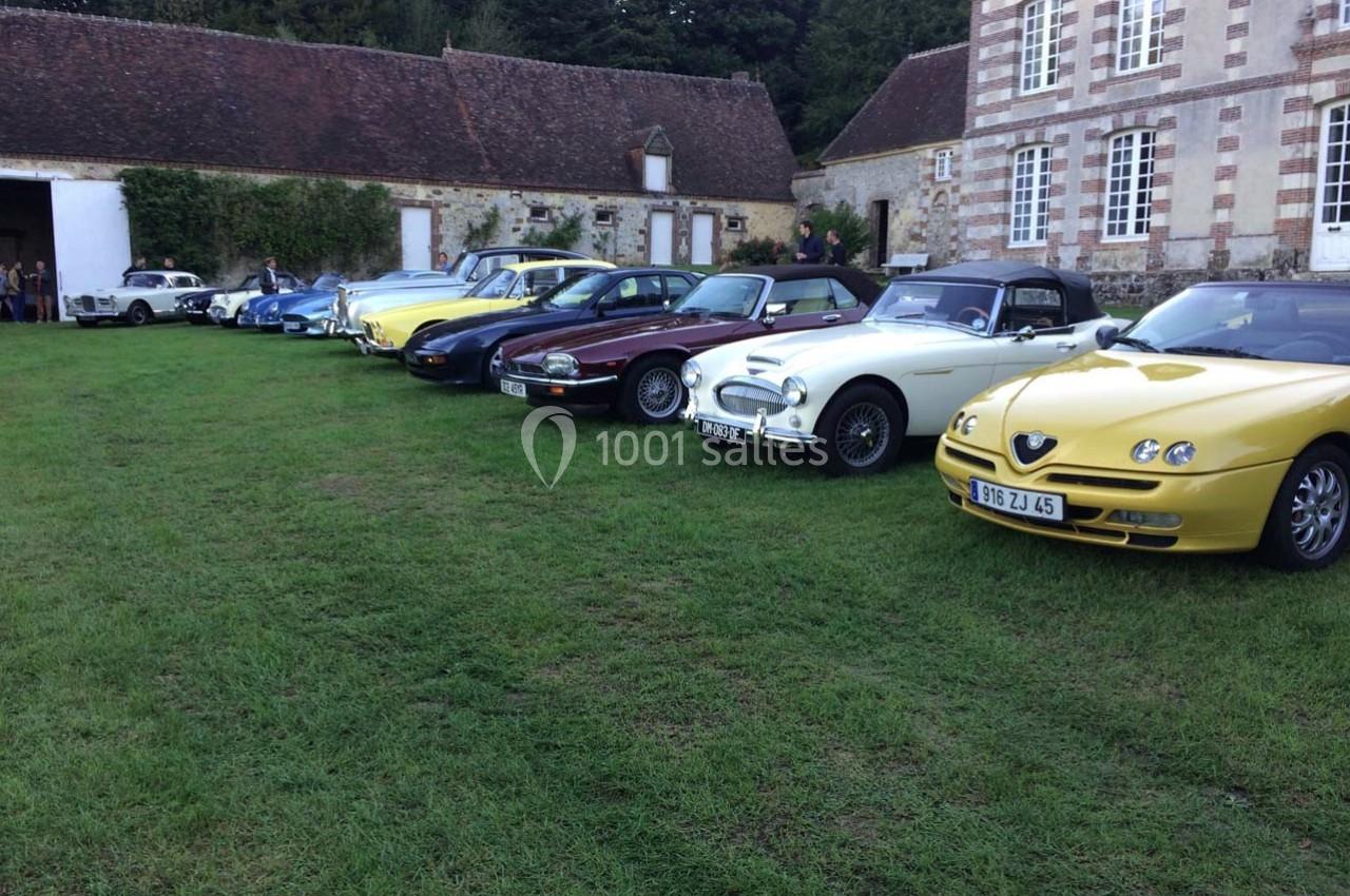 Rangée de voitures anciennes alignées sur une pelouse devant des bâtiments en pierre et à colombages.