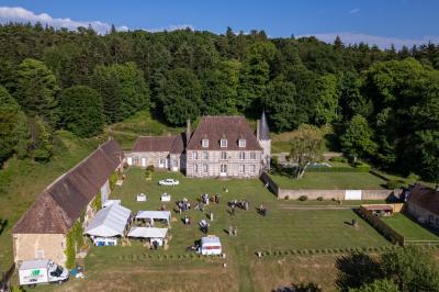 Salon rustique avec murs en pierre, canapés en cuir, table basse et porte ouverte donnant sur un jardin ensoleillé.